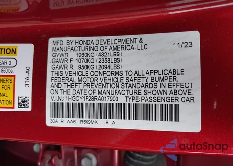 2024 Honda Accord Lx z USA, uszkodzony, nr VIN 1HGCY1F28RA017903